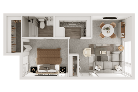 a 3d floor plan of a house with a bedroom and a living room at The Flats at Talcott, Weatogue, Connecticut, 06089
